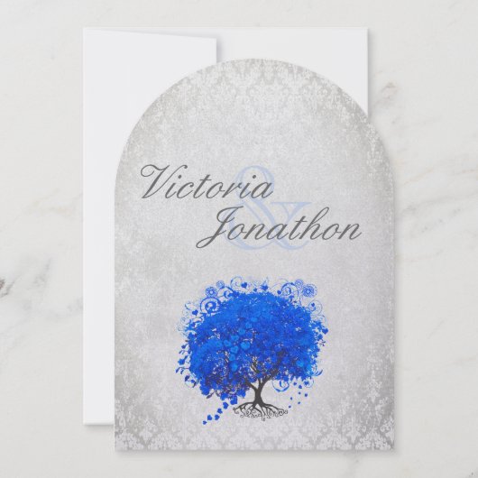 Blauwe en zilverhardende Leaf Tree Wedding Kaart (Achterkant)