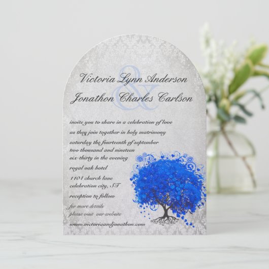 Blauwe en zilverhardende Leaf Tree Wedding Kaart (Staand voorkant)