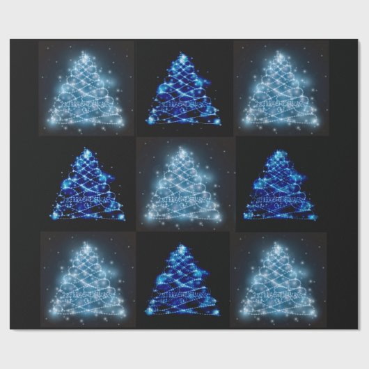 Blauwe en zilverkleurige kerstbomen cadeaupapier (Vlak)