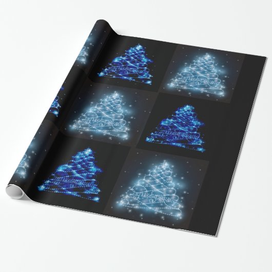 Blauwe en zilverkleurige kerstbomen cadeaupapier (Uitgerold)