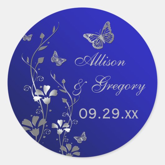 Blauwe en zilvervlies met Butterflies-Sticker Ronde Sticker (Voorkant)