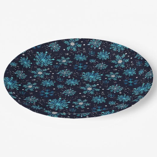 Blauwe en zilverwintersneeuwvlokken papieren bordje (Gekanteld)