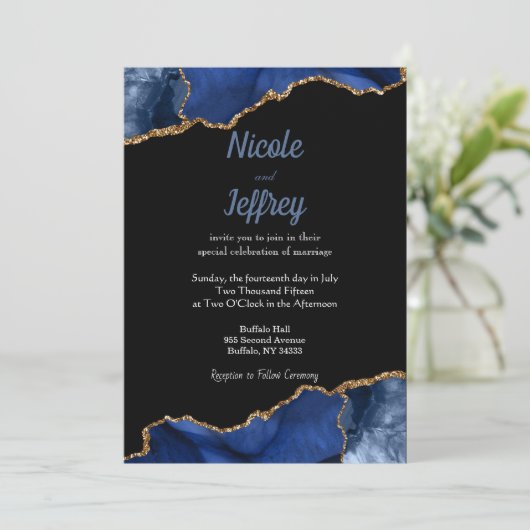 Blauwe en zwarte Agate Elegant Wedding Uitnodiging (Staand voorkant)
