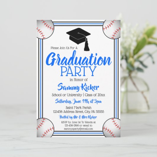 Blauwe en zwarte Baseball Graduparty Kaart (Staand voorkant)
