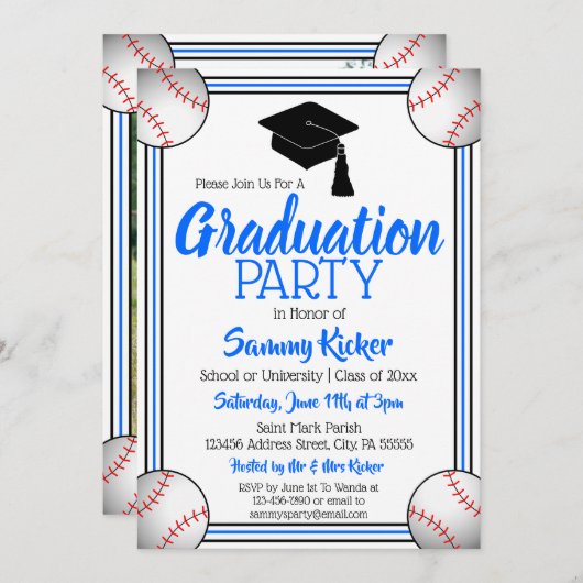 Blauwe en zwarte Baseball Graduparty Kaart (Voorkant / Achterkant)