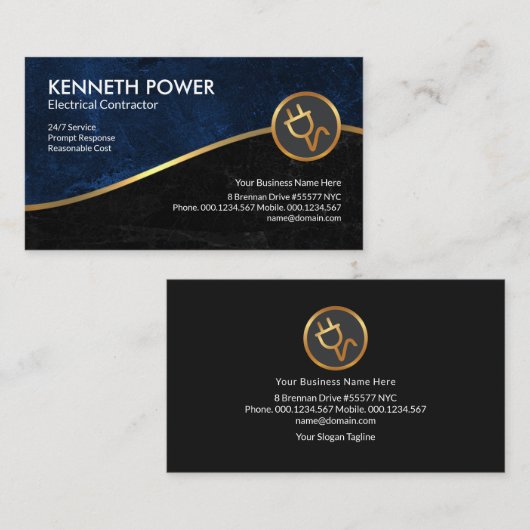 Blauwe en zwarte bruine faux Gold Wave-elektricien Visitekaartje (Voorkant / Achterkant)