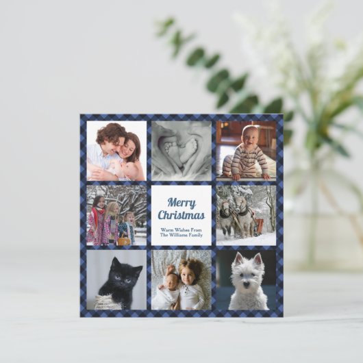 Blauwe en zwarte Buffalo Controle Acht aangepaste  Feestdagenkaart (Staand voorkant)