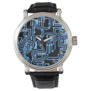 Blauwe en zwarte computercircuits, polshorloge horloge