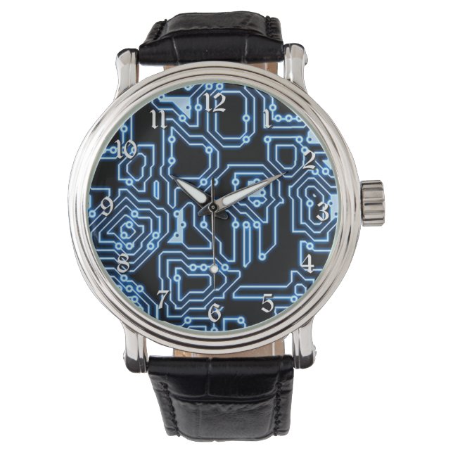 Blauwe en zwarte computercircuits, polshorloge horloge (Voorkant)