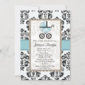 Blauwe en zwarte Damask Baby Shower-uitnodigingen Kaart (Voorkant)