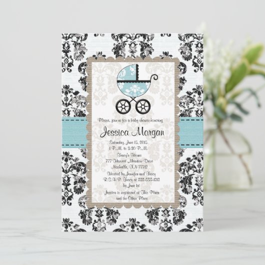 Blauwe en zwarte Damask Baby Shower-uitnodigingen Kaart (Staand voorkant)