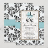 Blauwe en zwarte Damask Baby Shower-uitnodigingen Kaart (Voorkant / Achterkant)