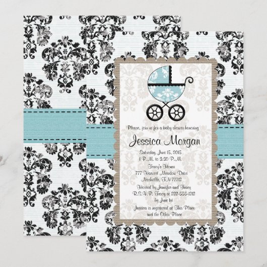 Blauwe en zwarte Damask Baby Shower-uitnodigingen Kaart (Voorkant / Achterkant)