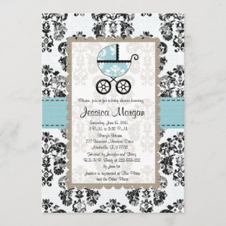 Blauwe en zwarte Damask Baby Shower-uitnodigingen Kaart