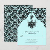 Blauwe en zwarte Damask met Chandelier RSVP-kaart RSVP Kaartje (Voorkant / Achterkant)
