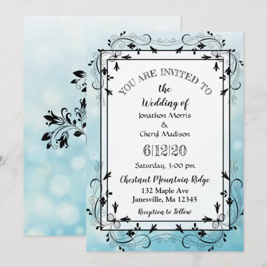 Blauwe en zwarte decoratieve berichten over de bru kaart (Voorkant / Achterkant)