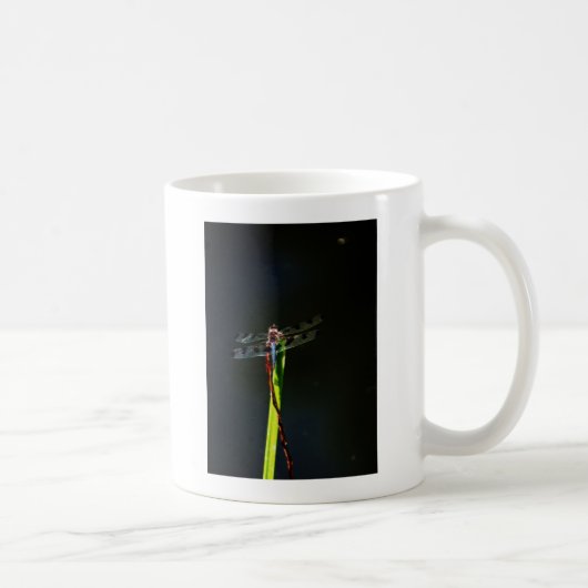 Blauwe en zwarte Dragonfly op groen en rood gras Koffiemok (Rechts)