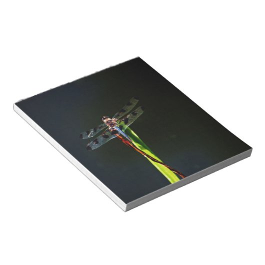 Blauwe en zwarte Dragonfly op groen en rood gras Notitieblok (Schuin)