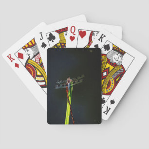 Blauwe en zwarte Dragonfly op groen en rood gras Speelkaarten