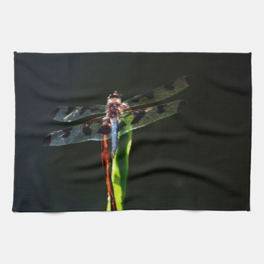 Blauwe en zwarte Dragonfly op groen en rood gras Theedoek (Horizontaal)