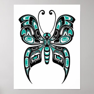Blauwe en zwarte Haida Spirit Butterfly op wit Poster