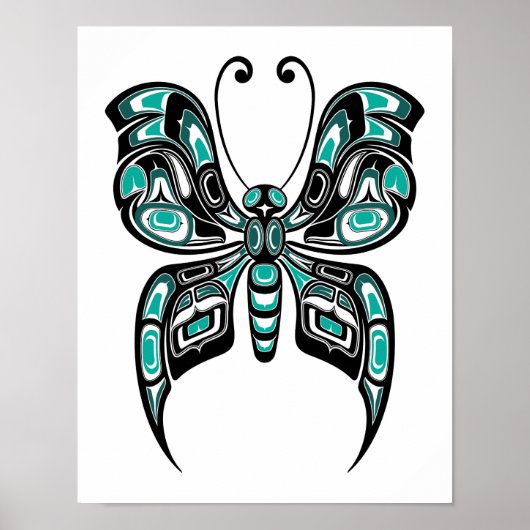 Blauwe en zwarte Haida Spirit Butterfly op wit Poster (Voorkant)
