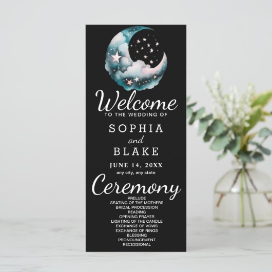 Blauwe en Zwarte Halve Maan Huwelijksprogramma (Staand voorkant)