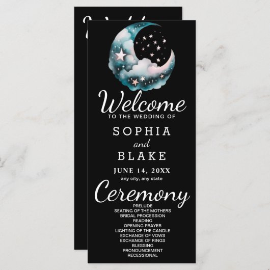 Blauwe en Zwarte Halve Maan Huwelijksprogramma (Voorkant / Achterkant)