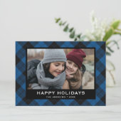 Blauwe en zwarte kerstfoto van Tartan Feestdagenkaart (Staand voorkant)
