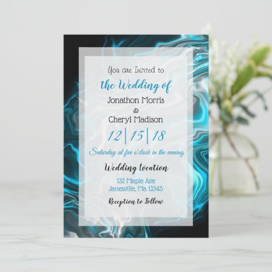 Blauwe en zwarte marmer Fluid Art Weddenschap Kaart (Staand voorkant)