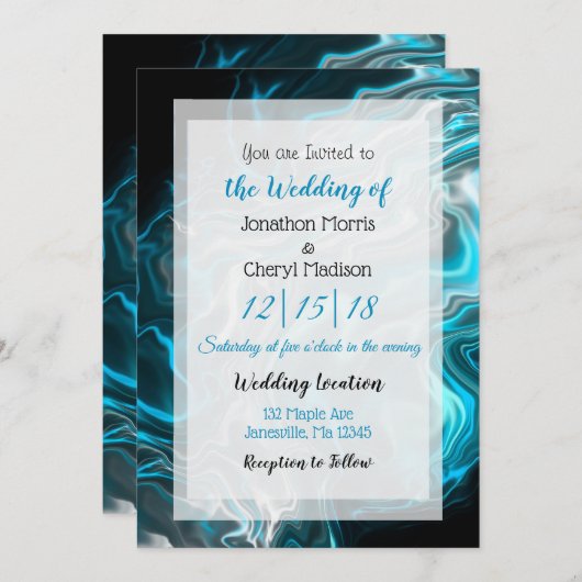 Blauwe en zwarte marmer Fluid Art Weddenschap Kaart (Voorkant / Achterkant)