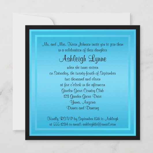 Blauwe en zwarte parels zoete zestien uitnodiging (Achterkant)