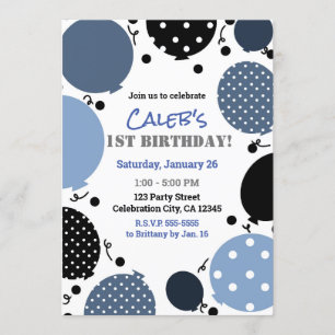 Blauwe en zwarte pokdot ballonnen 1e verjaardag kaart