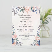 Blauwe en zwarte roze Lijst Waterverf bruiloft Kaart (Staand voorkant)