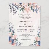 Blauwe en zwarte roze Lijst Waterverf bruiloft Kaart (Voorkant / Achterkant)