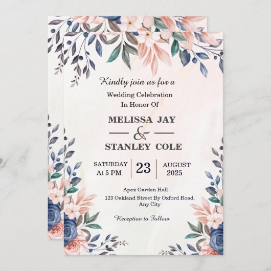 Blauwe en zwarte roze Lijst Waterverf bruiloft Kaart (Voorkant / Achterkant)