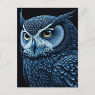 Blauwe en zwarte serieuze Uil Briefkaart