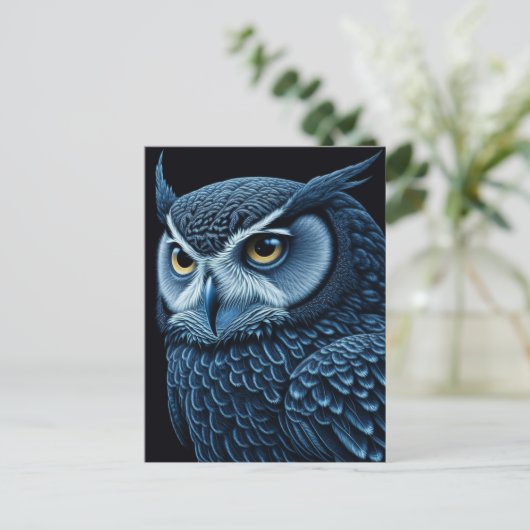 Blauwe en zwarte serieuze Uil Briefkaart (Staand voorkant)