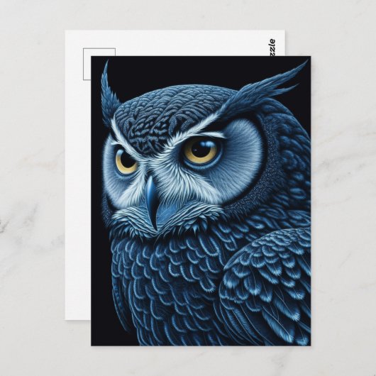 Blauwe en zwarte serieuze Uil Briefkaart (Voorkant / Achterkant)