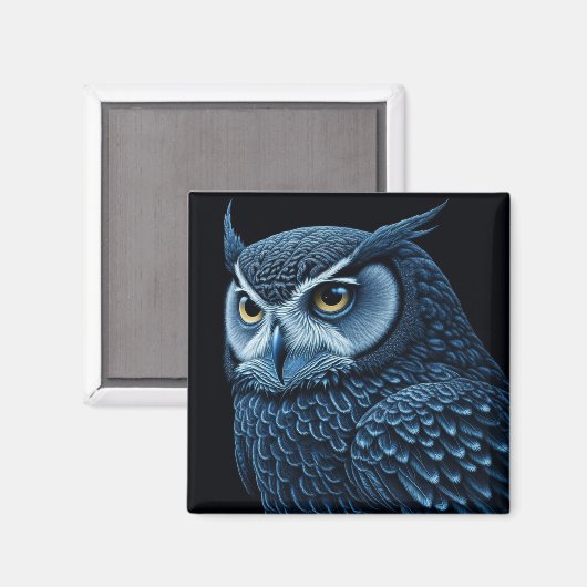 Blauwe en zwarte serieuze Uil Magneet (Voorkant / Achterkant)