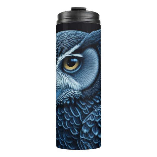 Blauwe en Zwarte Serieuze Uil Thermosbeker (Voorkant)