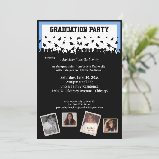 Blauwe en zwarte Silhouette Graduette Party Kaart (Staand voorkant)