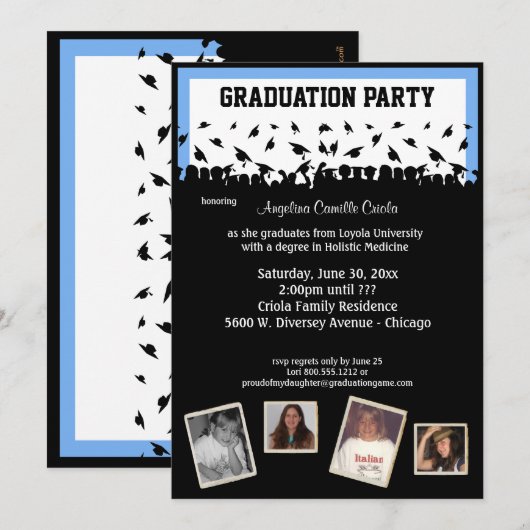 Blauwe en zwarte Silhouette Graduette Party Kaart (Voorkant / Achterkant)