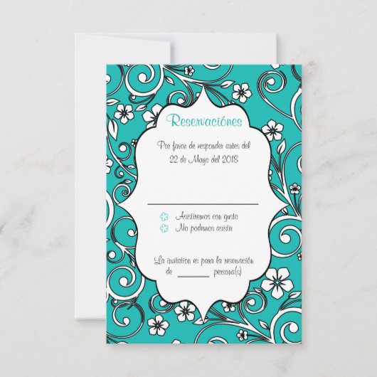Blauwe en zwarte Spaanse Quinceañera RSVP-kaart Kaart (Voorkant)