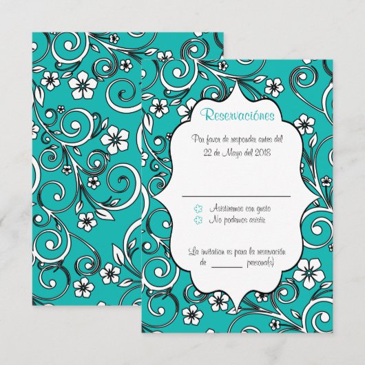 Blauwe en zwarte Spaanse Quinceañera RSVP-kaart Kaart (Voorkant / Achterkant)