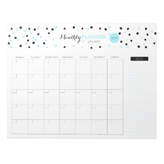 Blauwe en zwarte Stippen Maandelijkse Planner Notitieblok (Voorkant)