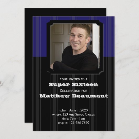 Blauwe en zwarte strippartij uitnodiging (Voorkant / Achterkant)