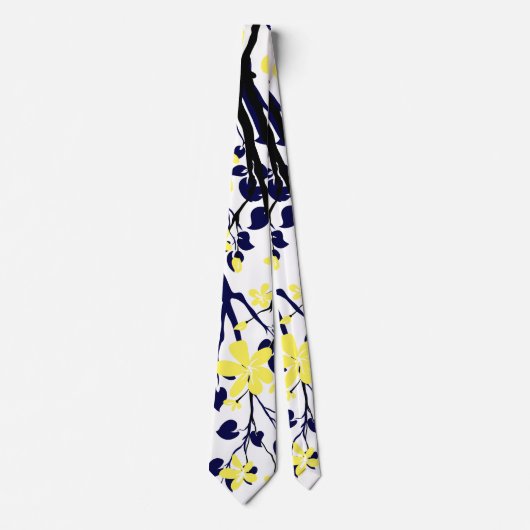 Blauwe en zwarte tak, gele bloemen stropdas (Voorkant)