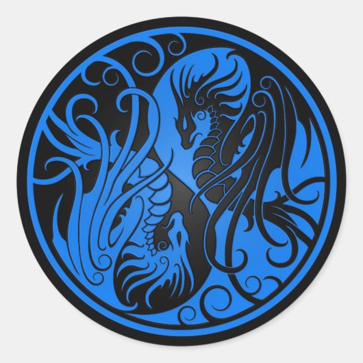 Blauwe en zwarte vliegende Yin Yang-draken Ronde Sticker (Voorkant)