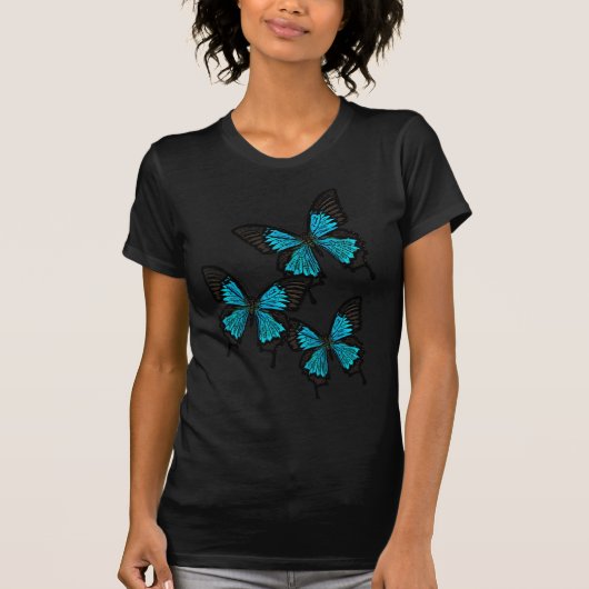Blauwe en zwarte vlinder, drie vlinders t-shirt (Voorkant)